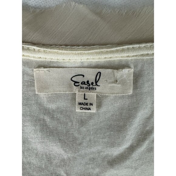 EASEL Beige Gauzy Knit Overlay Sweater Scoop Neck Raw Hem Pullover Sz L - Picture 7 of 7